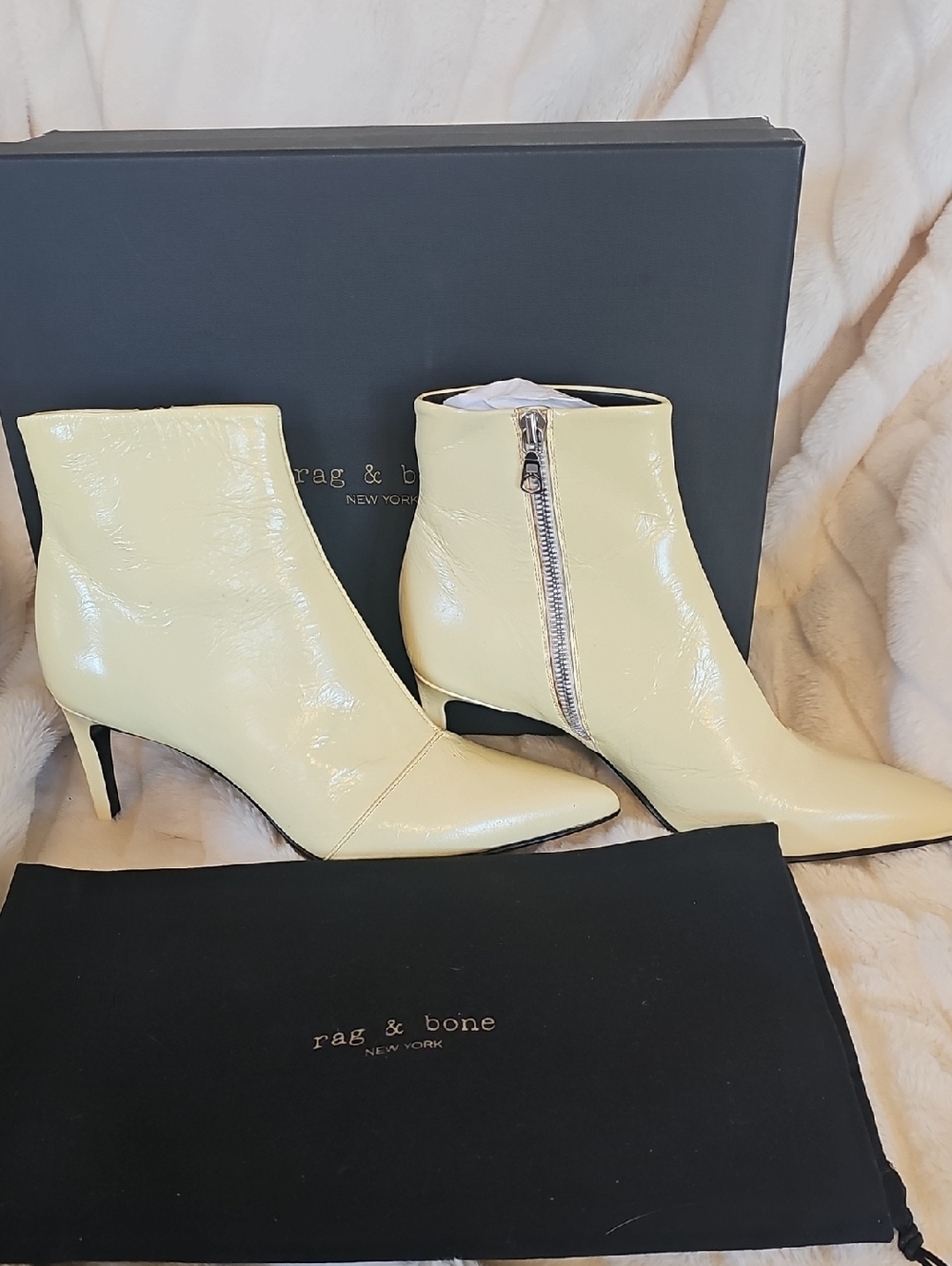 rag & bone Glossy Cream Leather Pointed Toe Ankle Booties
